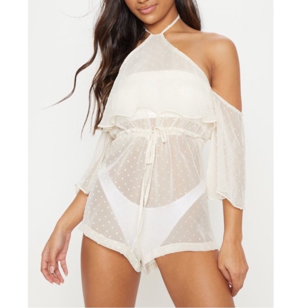 PrettyLittleThing Cream Polkadot Beach Romper